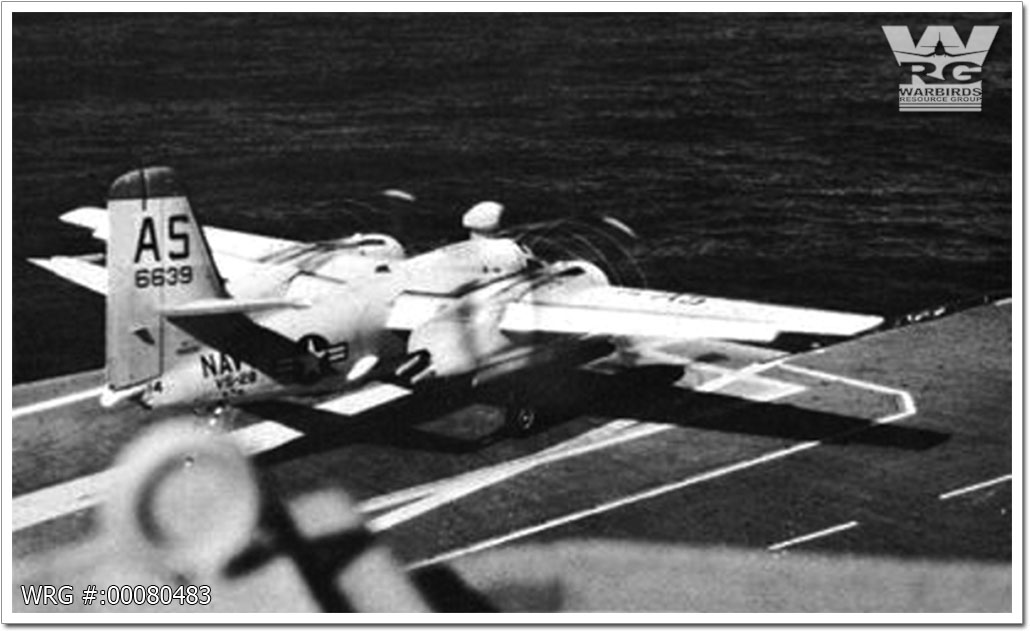 Grumman S2F-1 Tracker/Bu. 136639 of Anti-Submarine Squadron 28 (VS-28) Hukkers takes off after bolting on the USS Wasp (CVS-18).