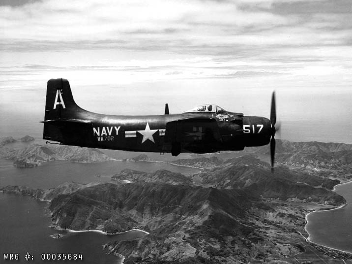Douglas AD-2 Skyraider/Bu. 122343, of VA-702 over the Japanese islands, after being launched on a routine flight from the USS Boxer (CV-21) in September 1951.
